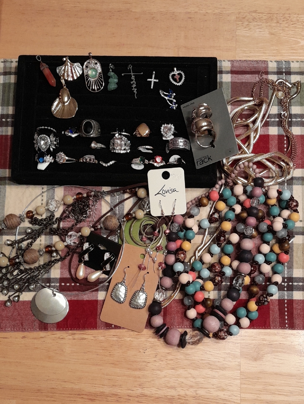 39 Piece of Mixed Costume Jewelry Lot with Multicolor Beaded Necklaces & Rings